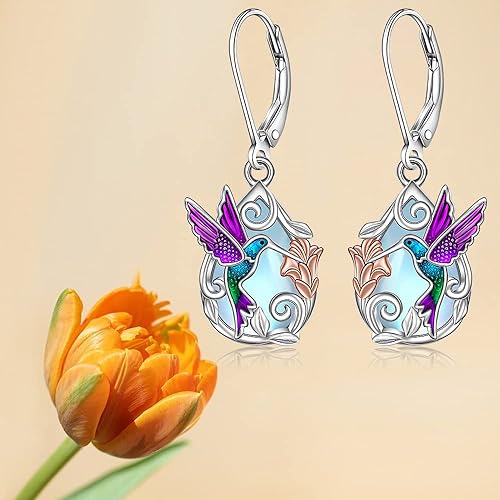 ONE: Exquisite Hummingbird Color: MOONSTONE Dangle Earrings 925 Sterling Silver