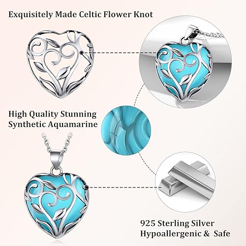 ONE: 💓Heart Aquamarine Crystal March Necklace 925 Sterling Silver Necklace