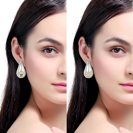 2 Pairs Earrings Set for Women, Lightweight Hollow Gold Hoops. Silver Hoop Earrings, 14k Gold Teardrop Hoop Earrings, Rhinestone Waterdrop Earrings Set