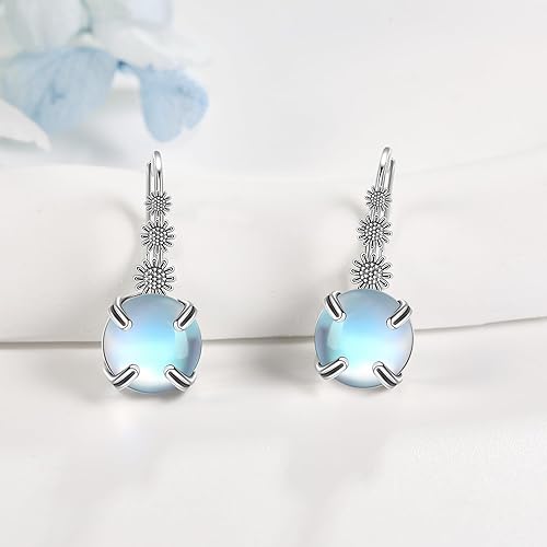 ONE:  Exquisite Sun Flower's Color: MOONSTONE  Dangle Earrings 925 Sterling Silver