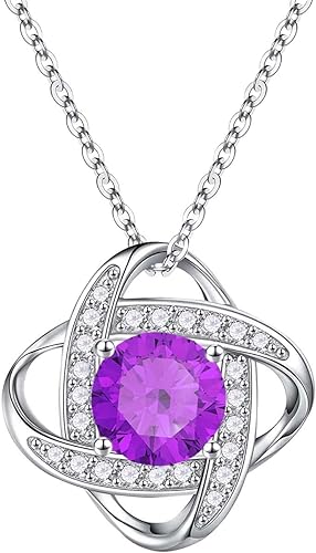 ONE :💎 Birthstone Necklace Gifts For Women, Love Knot Pendant Birthstone Jewelry 18 Inch Silver Chain FEBUARY