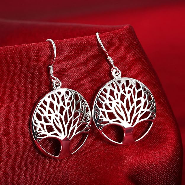 ONE Pair:  Tree of Life Earrings, 925 Sterling Silver Plated Drop Dangle Earrings