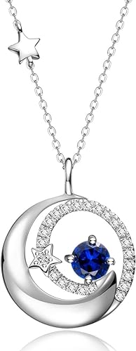 ONE :💎925 Sterling Silver Created Sapphire Moon and Star Pendant Necklace Fine Jewelry 💎