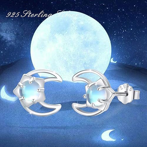 ONE:  Exquisite Moon Star Stud  Color: MOONSTONE  Earrings 925 Sterling Silver