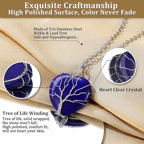 ONE: 💓September-Nature Lapis Lazuli Heart Crystal TREE Necklace 925 Sterling Silver