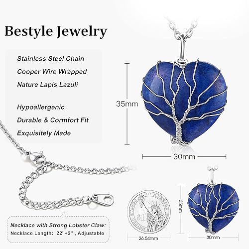 ONE: 💓September-Nature Lapis Lazuli Heart Crystal TREE Necklace 925 Sterling Silver