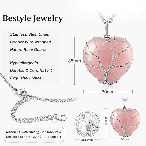 ONE: 💓October-Nature Rose Quartz Heart Crystal Necklace 925 Sterling Silver