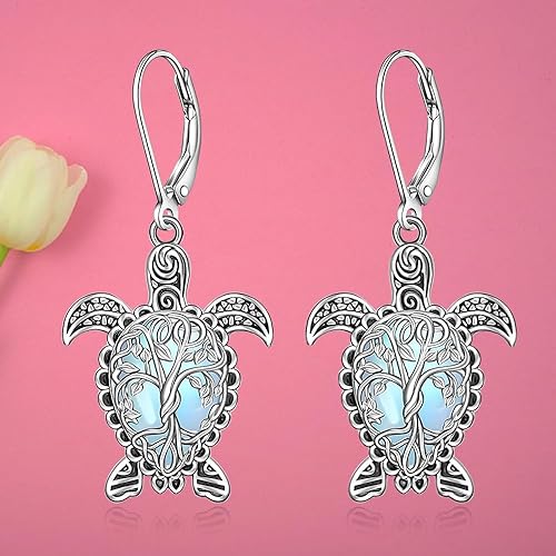 ONE: Exquisite Turtles Color: MOONSTONE Dangle Earrings 925 Sterling Silver