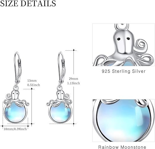 ONE: Exquisite Octopus Color: MOONSTONE Dangle Earrings 925 Sterling Silver