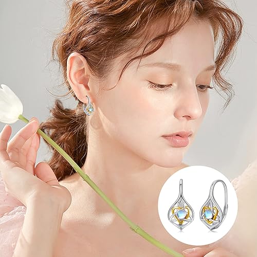 ONE:  Exquisite HEART Earrings Color: Moonstone Dangle Earrings 925 Sterling Silver