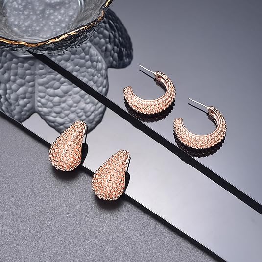 2 Pairs Earrings Set for Women, Lightweight Hollow Gold Hoops. Silver Hoop Earrings, 14k Gold Teardrop Hoop Earrings, Rhinestone Waterdrop Earrings Set