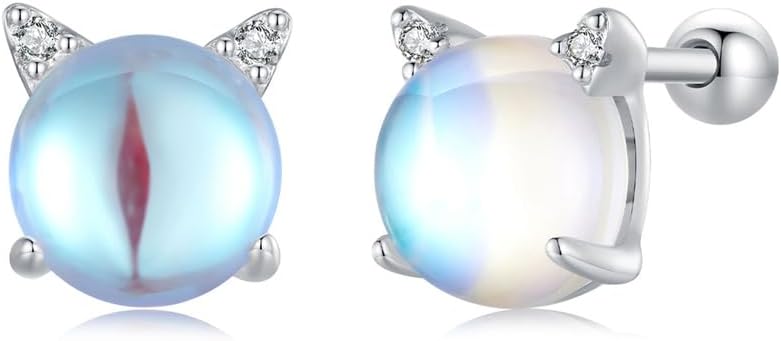 ONE: Exquisite CUTE CAT MOONSTONE Dangle Earrings 925 Sterling Silver