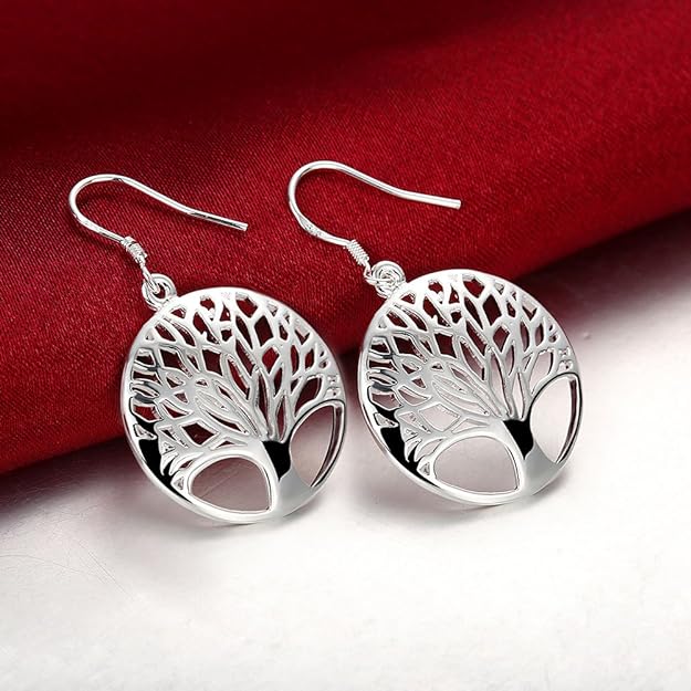 ONE Pair:  Tree of Life Earrings, 925 Sterling Silver Plated Drop Dangle Earrings