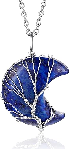 ONE: 💓September-Nature Lapis Lazuli Crescent Moon Crystal Necklace 925 Sterling Silver