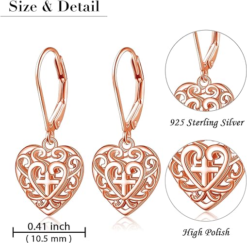 ONE:  Style: ROSE GOLD Heart CROSS Dangle Earrings 925 Sterling Silver