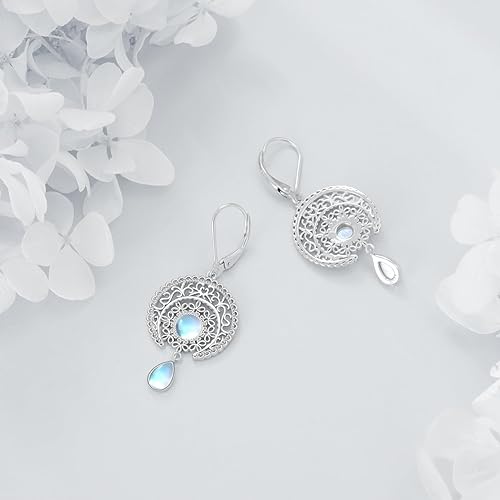 ONE: Exquisite MOON & STARS Color: MOONSTONE Dangle Earrings 925 Sterling Silver