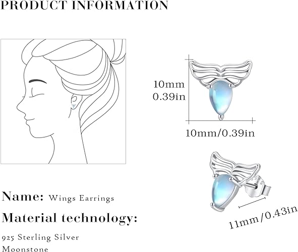 ONE:  Exquisite WINGS Stud  Color: MOONSTONE  Earrings 925 Sterling Silver