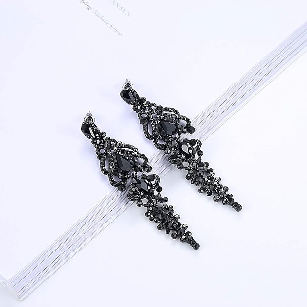 ONE PAIR: Vintage Floral Teardrop Butterfly Wing Black Austrian Crystal Drop Dangle Earrings for Women