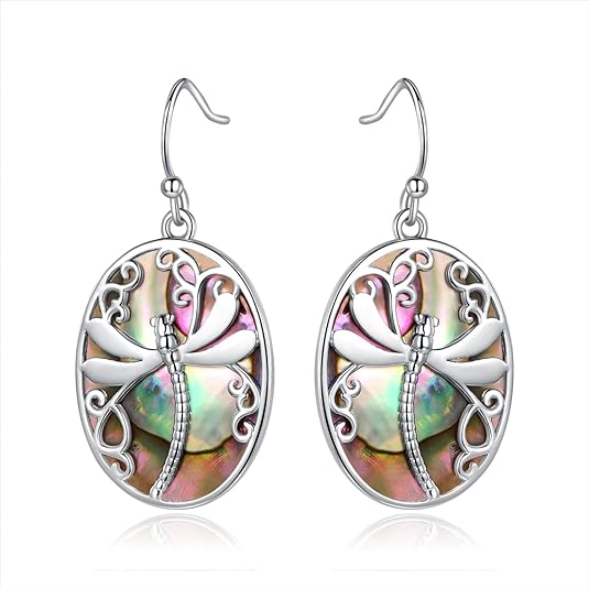 ONE: 925 Sterling Silver 18K White Gold Plated Abalone Dragonfly Dangling Earrings Design