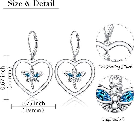 ONE: Style: Dragonfly Lever back HEART Earrings Earring 925 Sterling Silver