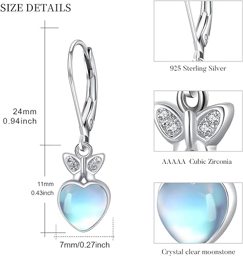 ONE: Exquisite HEART Butterfly Color: MOONSTONE Dangle Earrings 925 Sterling Silver