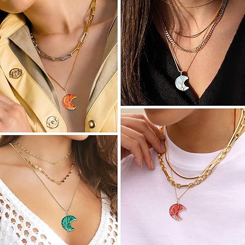 ONE: 💓July-Synthetic Cherry Quartz Crescent Moon Crystal Necklace 925 Sterling Silver