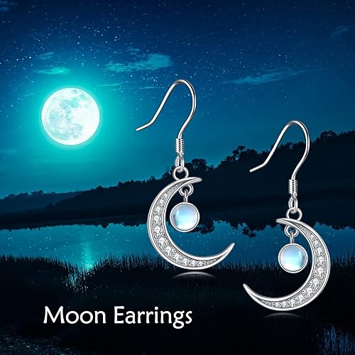 ONE: Exquisite MOON & STARS Color: MOONSTONE Dangle Earrings 925 Sterling Silver