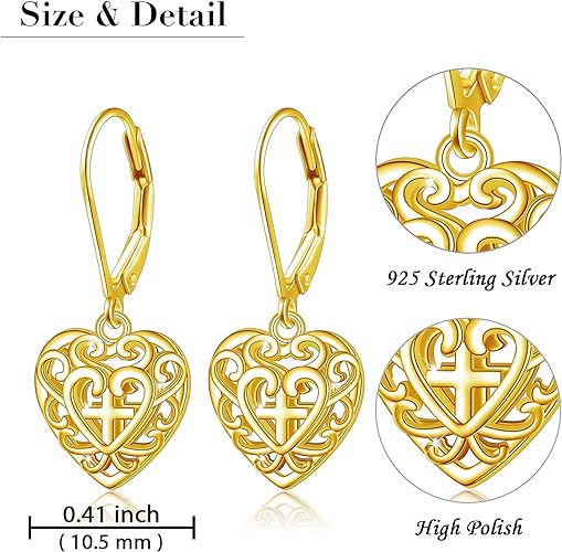 ONE:  Style: YELLOW GOLD Heart CROSS Dangle Earrings 925 Sterling Silver