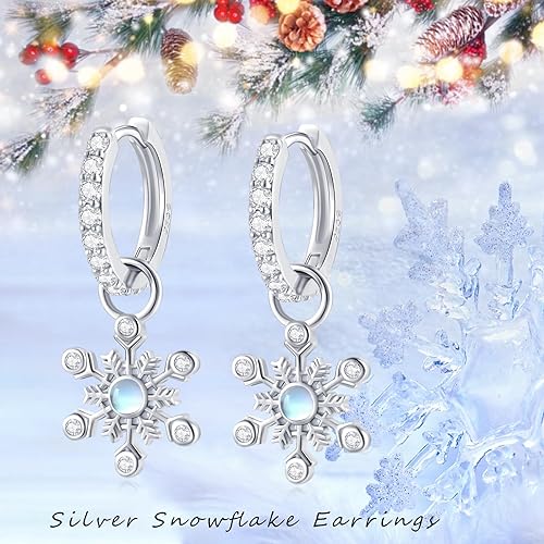 ONE:  Exquisite Snow Flake's Hoop Color: MOONSTONE  Dangle Earrings 925 Sterling Silver