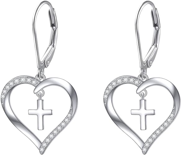 ONE:  Style: HEART QZ CROSS Dangle Earrings 925 Sterling Silver