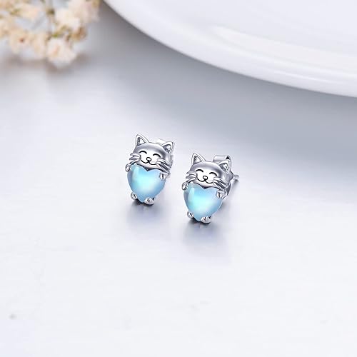 ONE: Exquisite CATS HEARTS Color: MOONSTONE Dangle Earrings 925 Sterling Silver