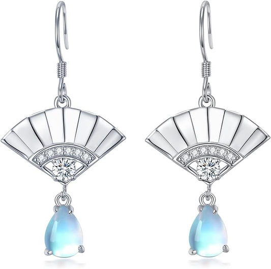 ONE:  Exquisite FAN Earrings Color: Moonstone Dangle Earrings 925 Sterling Silver