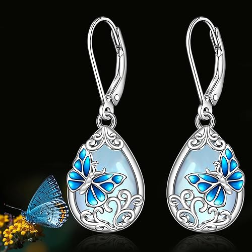 ONE: Exquisite Butterfly Color: MOONSTONE Dangle Earrings 925 Sterling Silver