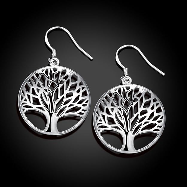 ONE Pair:  Tree of Life Earrings, 925 Sterling Silver Plated Drop Dangle Earrings