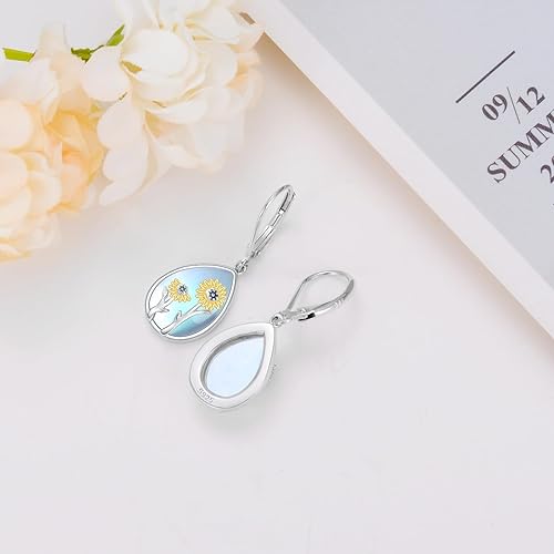 ONE:  Exquisite Sun Flower Color: MOONSTONE  Dangle Earrings 925 Sterling Silver