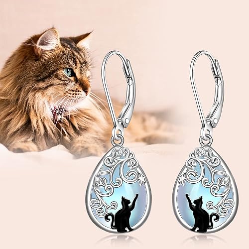 ONE: Exquisite CAT Color: MOONSTONE Dangle Earrings 925 Sterling Silver