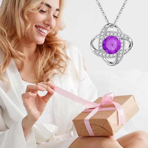 ONE :💎 Birthstone Necklace Gifts For Women, Love Knot Pendant Birthstone Jewelry 18 Inch Silver Chain FEBUARY