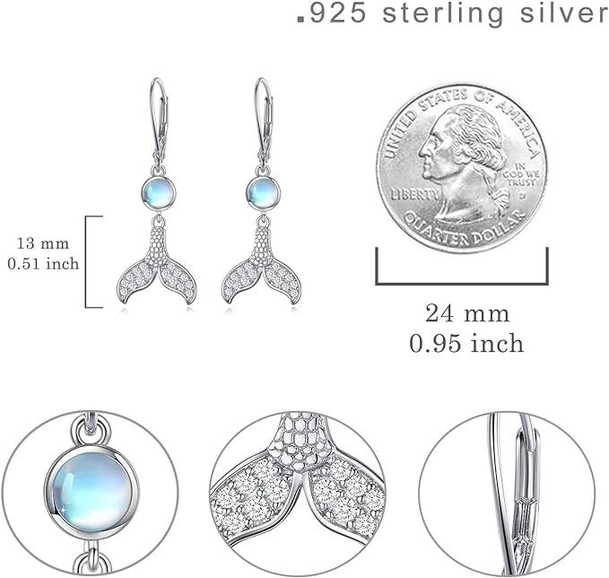 ONE:  Exquisite Mermaid Tail Earrings Color: Moonstone Dangle Earrings 925 Sterling Silver