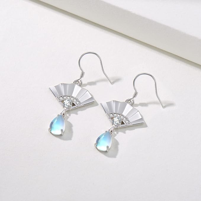 ONE:  Exquisite FAN Earrings Color: Moonstone Dangle Earrings 925 Sterling Silver