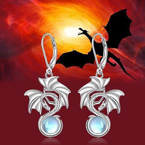 ONE: Exquisite Dragon Color: MOONSTONE Dangle Earrings 925 Sterling Silver