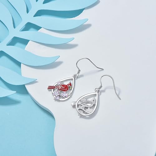 ONE: 925 Sterling Silver Cardinal Birds Dangle Earrings Flowers