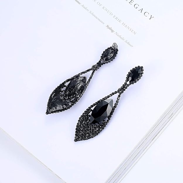 ONE PAIR: Vintage Floral Teardrop Butterfly Wing Black Austrian Crystal Drop Dangle Earrings for Women