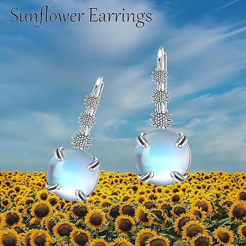 ONE:  Exquisite Sun Flower's Color: MOONSTONE  Dangle Earrings 925 Sterling Silver