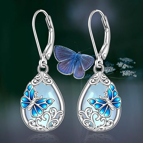 ONE: Exquisite Butterfly Color: MOONSTONE Dangle Earrings 925 Sterling Silver