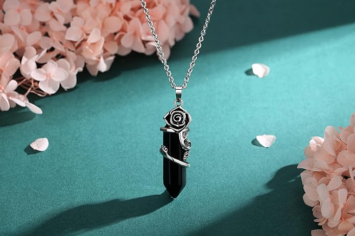 ONE :💎DAINTY FLOWER ROSE Obsidian NECKLACE Fine Jewelry 💎