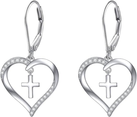 ONE:  Style: HEART QZ CROSS Dangle Earrings 925 Sterling Silver