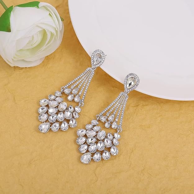 ONE PAIR: Crystal Multi Gold/Silver Rhinestone Chandelier Wedding Bridal Dangle Earrings