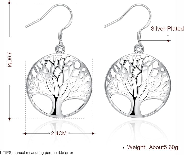 ONE Pair:  Tree of Life Earrings, 925 Sterling Silver Plated Drop Dangle Earrings