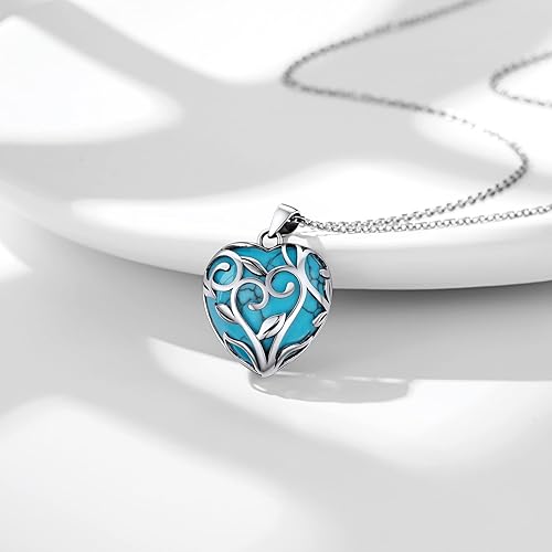 ONE: 💓December-Synthetic Blue Turquoise Heart Crystal Necklace 925 Sterling Silver