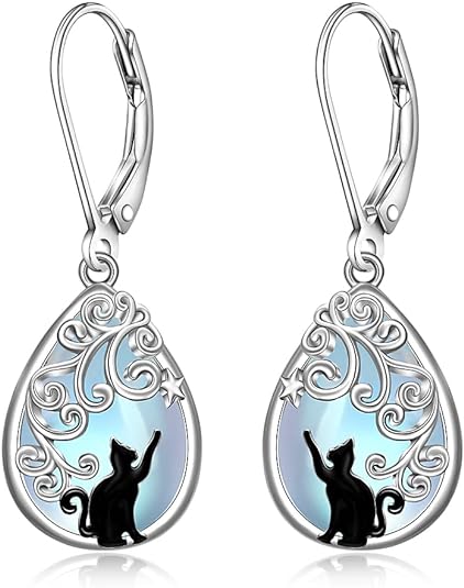 ONE: Exquisite CAT Color: MOONSTONE Dangle Earrings 925 Sterling Silver